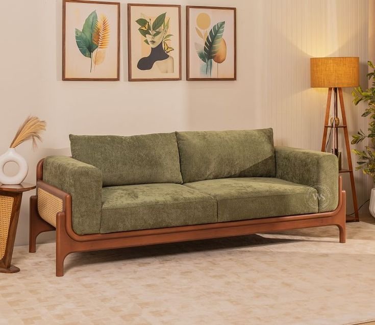 Mid-century, cane handle green 2 seater sofa